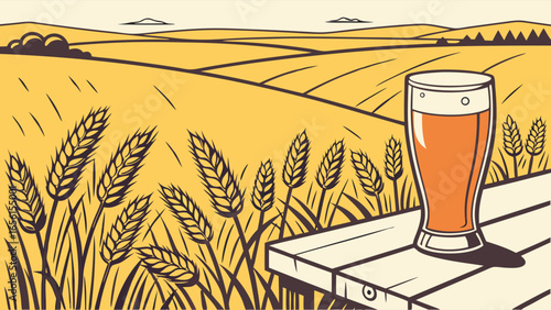 Glass of Beer on Rustic Table with Wheat Field Background.