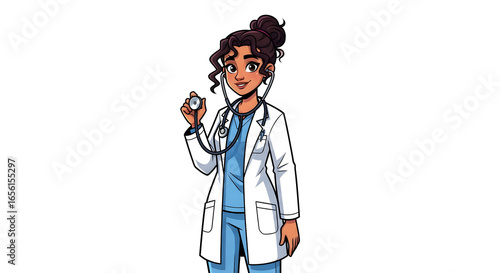 Illustration of a young female doctor wearing a white lab coat and stethoscope, smiling warmly
