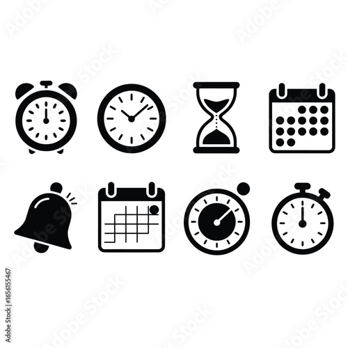 Black and white vector bundle of time management and calendar icons including clocks, hourglass, calendar, reminder, and schedule symbols