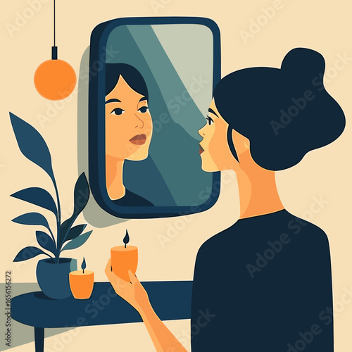 Woman looking at her reflection while holding a candle at home  