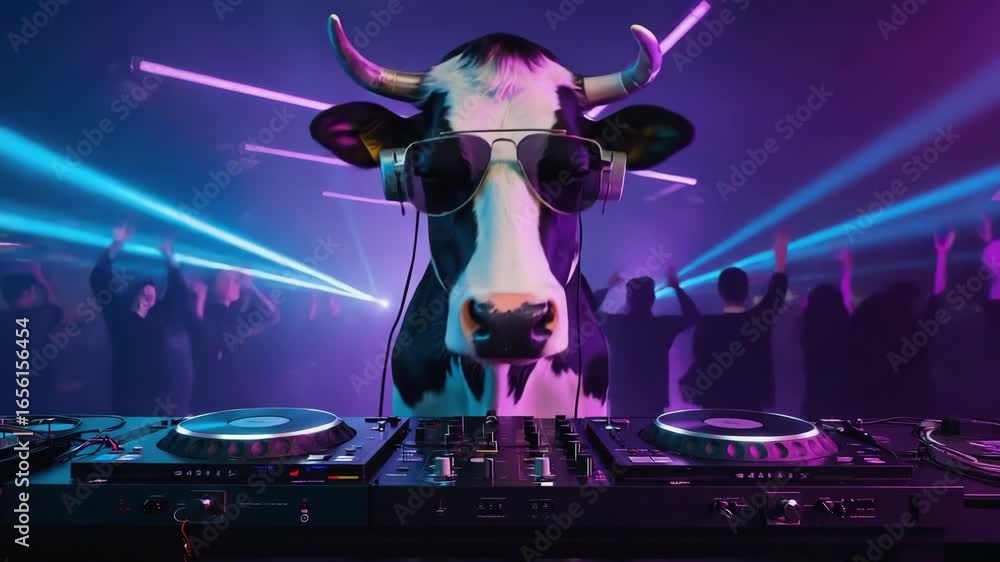 Funny cow wearing sunglasses and headphones, spinning tracks as a dj at a lively party. People dancing joyfully, surrounded by vibrant laser lights creating an electrifying atmosphere