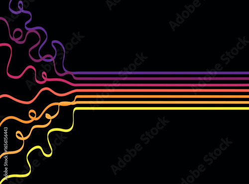 Vector abstract illustration with bright gradient lines moving from chaotic tangled curves to clean straight lines. Conceptual artwork about transformation, harmony, structure, and balance