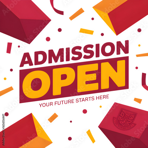 Admission open announcement with geometric shapes and confetti isolated on transparent background