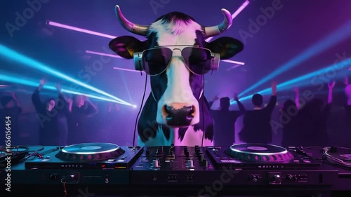 Funny cow wearing sunglasses and headphones, spinning tracks as a dj at a lively party. People dancing joyfully, surrounded by vibrant laser lights creating an electrifying atmosphere