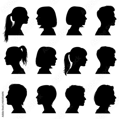 Twelve Silhouetted Head and Shoulder Profiles in Grid on White Background