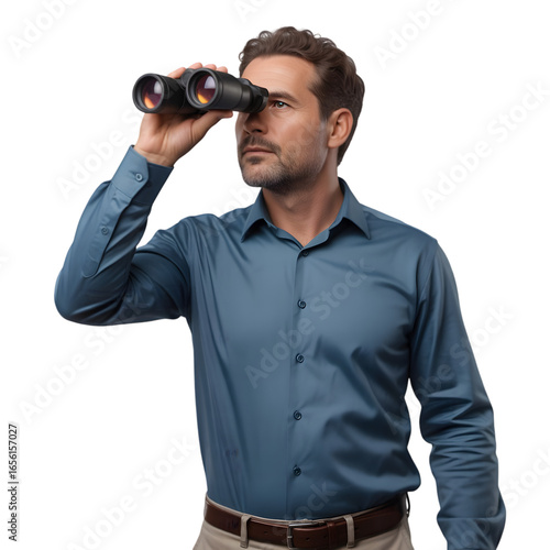 Professional man intently searching with binoculars, seeking new opportunities and future success