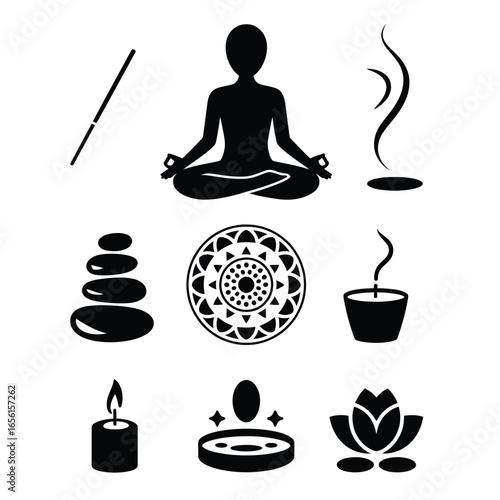 Meditation and relaxation pack with lotus pose, mandala, zen stones, candle, and incense