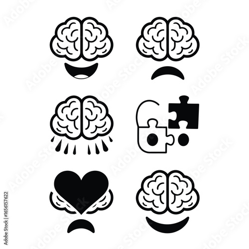 Mental health and brain emotion icons – happiness, stress, balance, love, puzzle, expressive mind black and white vector