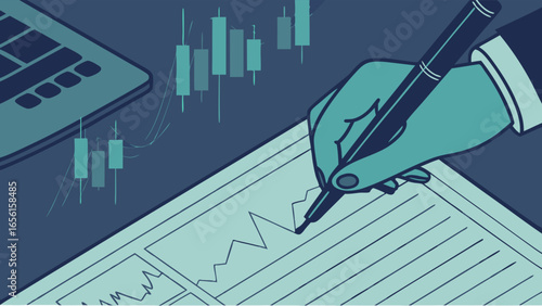 Hand Analyzing Financial Data with Pen on Lined Paper.