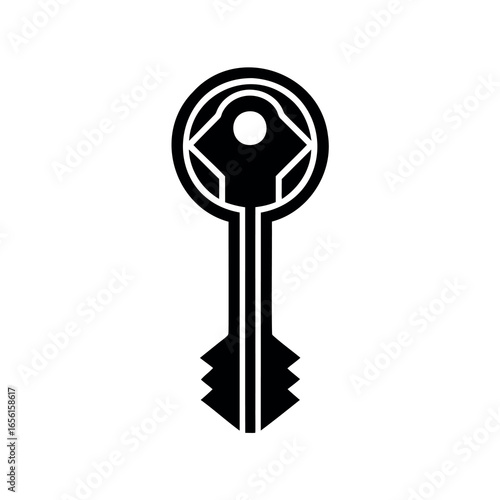 Stylized vector graphic of a key with round head and jagged teeth