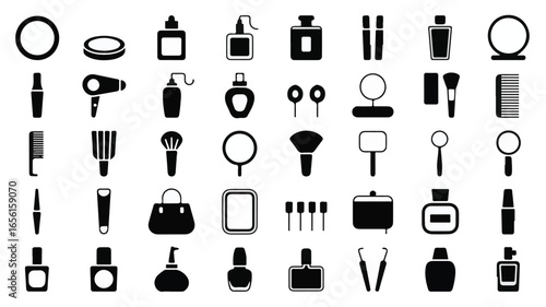 Black and white icons of beauty and grooming products makeup hair