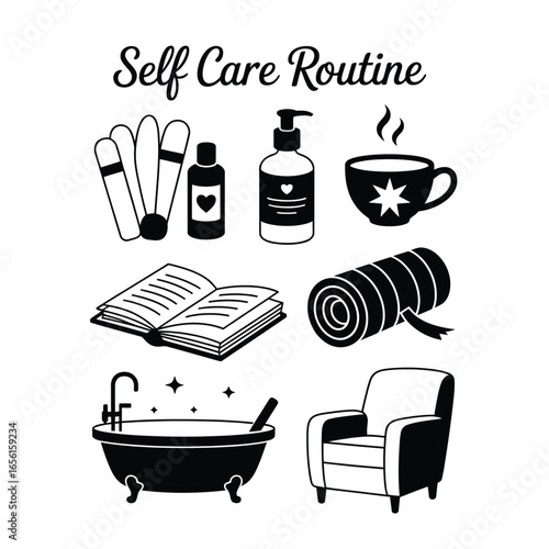 Self care routine icons featuring bath tub, skincare bottle, tea cup, book, meditation mat, and comfortable chair in black and white