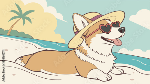 Happy Corgi Dog Wearing Sunglasses and Hat on Beach.
