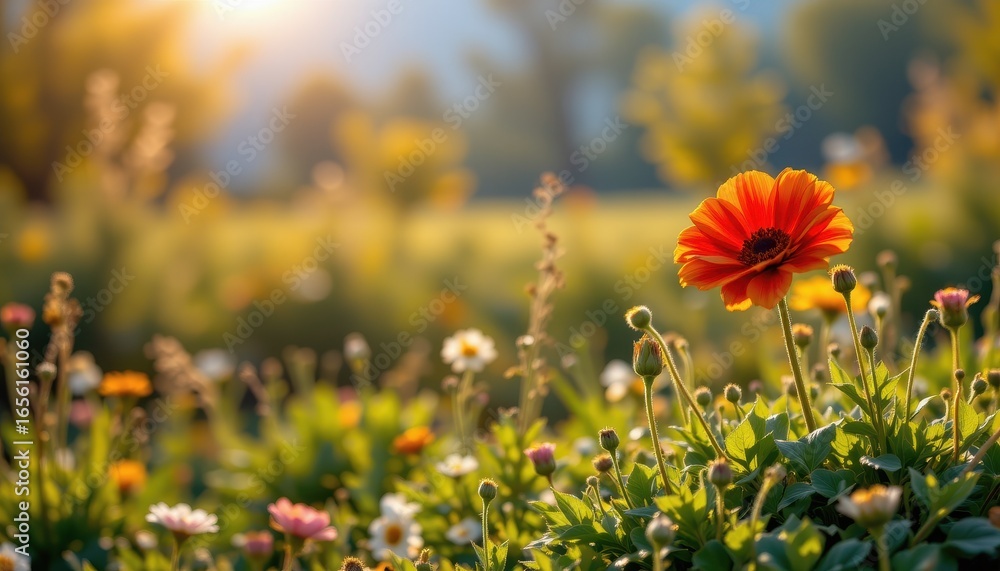Fototapeta premium Vibrant orange flower blooms in a sun drenched meadow with soft focus background
