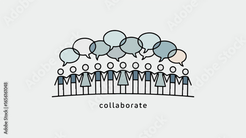 Group discussion with speech bubbles and figures communication