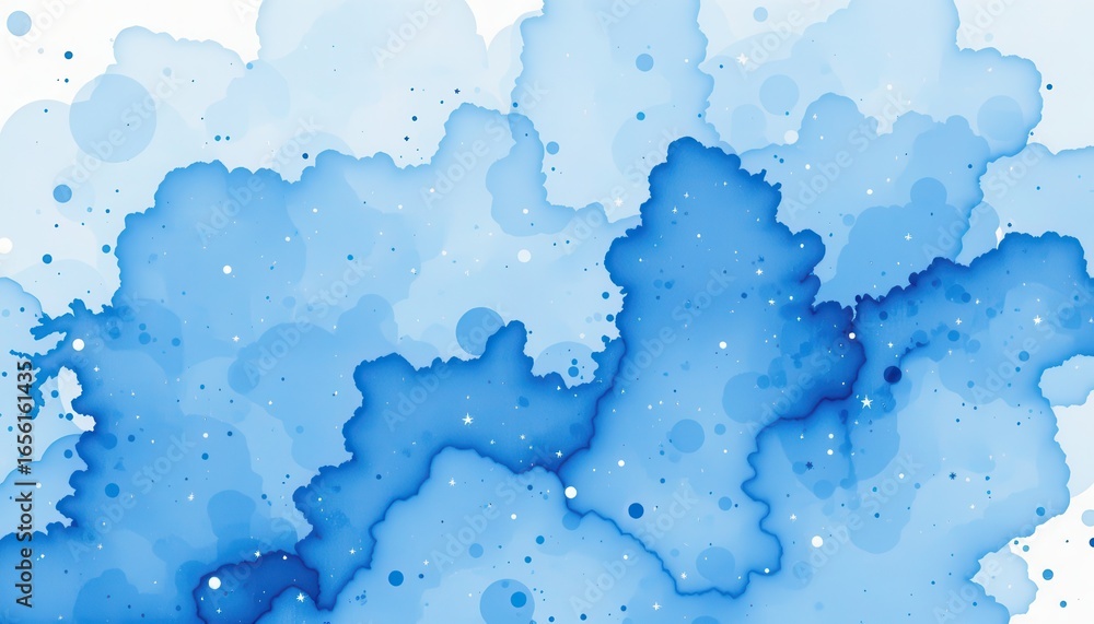 Obraz premium Abstract blue watercolor splashes and scattered dots with subtle star like highlights