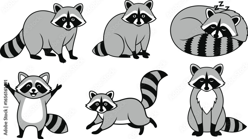 Obraz premium Cartoon raccoon vector set with cute poses including sleeping, sitting, running, and standing for wildlife, emotion, and character design themes