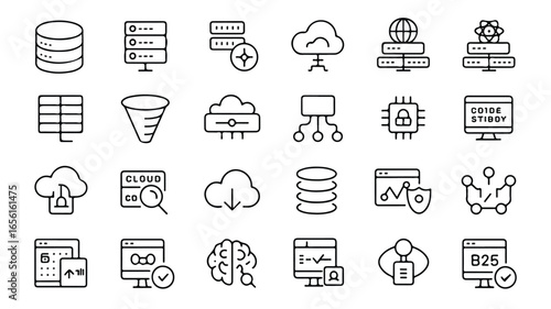 Collection of data and server related outline vector icons showcasing technology and computing infrastructure elements for web design and applications