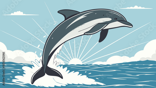 Leaping Dolphin Illustration with Sunrise and Ocean Waves.
