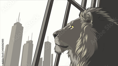 Majestic Lions Profile Against City Skyline.