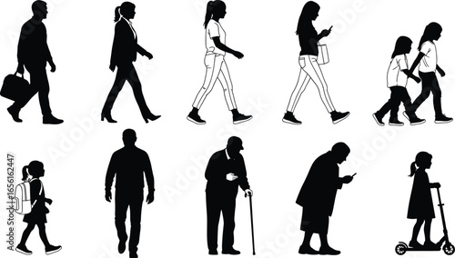 People silhouette vector set with walking, standing, and everyday activity poses across age groups for lifestyle, urban, and design use