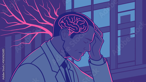 Man with visible brain and treelike branches experiencing stress or mental health issue.