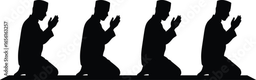 Silhouette vector of people kneeling in prayer with raised hands, expressing devotion, worship, spirituality, faith, and religious gesture