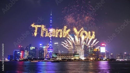 Shanghai Skyline Fireworks Display with Sparkler Text 