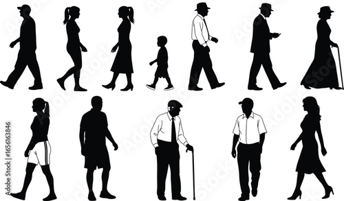 Silhouette vector set of diverse people walking in side profile, including adults, children, and mobility aid users for inclusive design