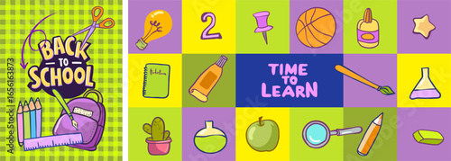 Back to school - a bright cartoon set of two posters on the theme of study, knowledge, training. Modern digital illustration of school supplies in a light green and lilac color scheme.
