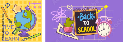 Back to school - a bright cartoon set of two posters on the theme of study, knowledge, training. Modern digital illustration of school supplies in a light green and lilac color scheme.
