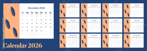 Template of calendar 2026 combine with foliage illustration. Sunday as weekend. Desk calendar 2026 with A4 size.Desk Calendar with landscape orientation.