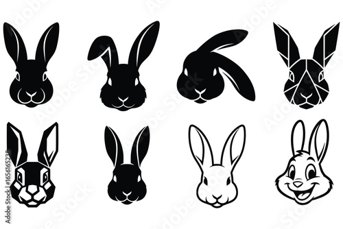 Collection of diverse rabbit head silhouettes in various artistic styles, from sleek geometric to playful cartoon designs.