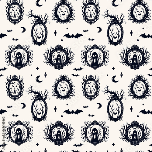Seamless vector Halloween pattern with hand drawn frames, spooky ghosts, and flying bats. Black silhouettes for holiday and seasonal projects