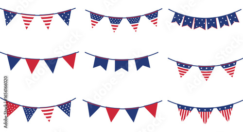 American patriotic bunting flags in various designs and colors on a string