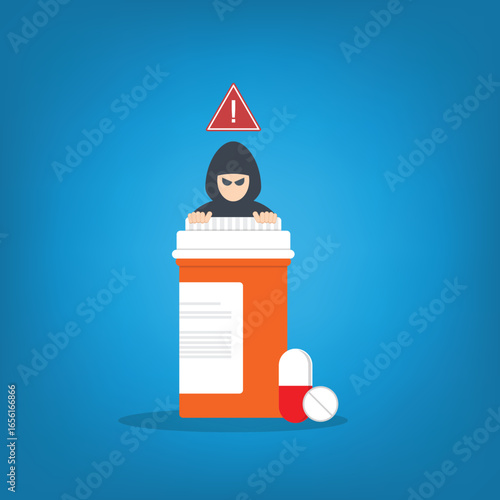 Fake medicine. Pill and tablet with criminal selling illegal drugs. Fake drugs, pharmaceutical. Symbolic for harmful counterfeit pills, risk and danger of illegal produced and sold pharmaceuticals.