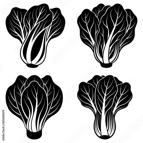 Four stylized bok choy vegetables in black and white with detailed leaf vein patterns arranged nicely
