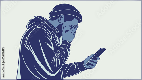 Upset Man in Beanie Using Smartphone Feeling Distress.