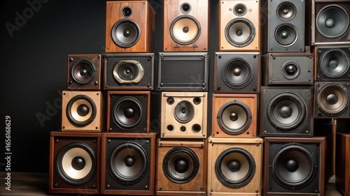 Wooden audio speakers in a wall display