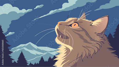 Vector Illustration of a Curious Cat Looking Upward.