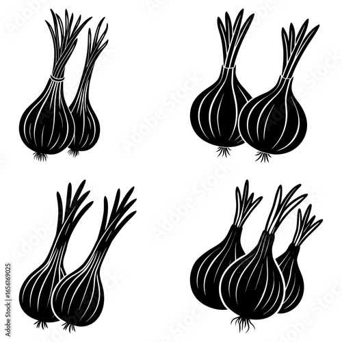 Illustration featuring multiple groups of onions in varying quantities in a black and white style
