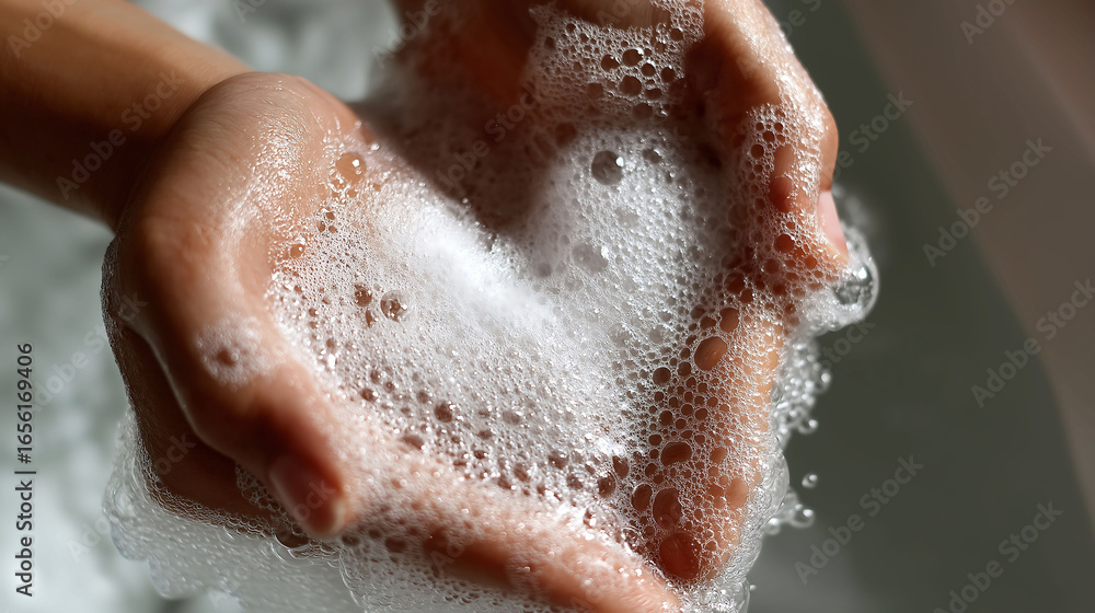 Fototapeta premium Hands in heart shape washing in the bathtub, Hands creating heart shape with soap bubbles in relaxing bath. Cleanliness and love signs concept 