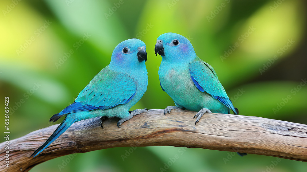 Obraz premium Two vibrant blue parrots perched on a natural branch in lush green background