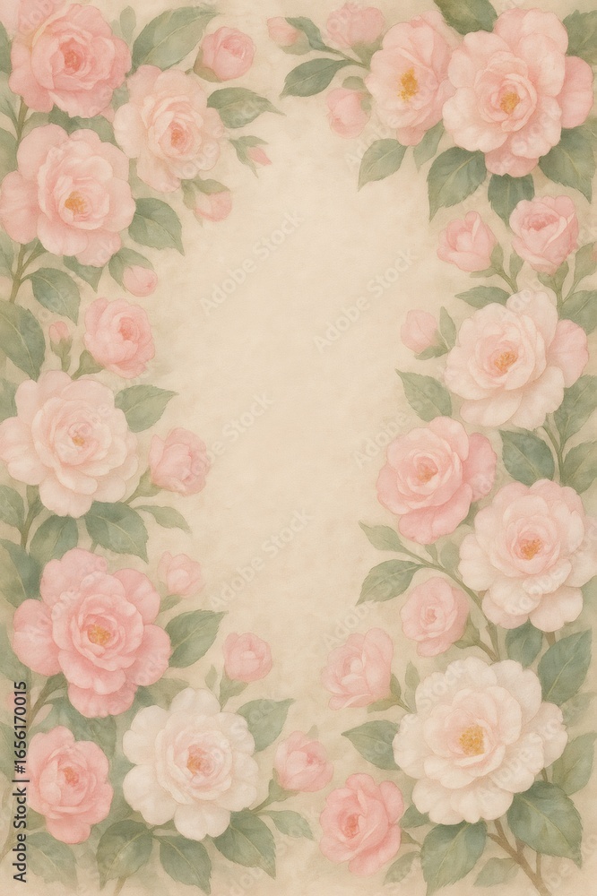 Fototapeta premium Elegant camellias create a delicate frame on a vintage textured background, offering copy space for text or design
