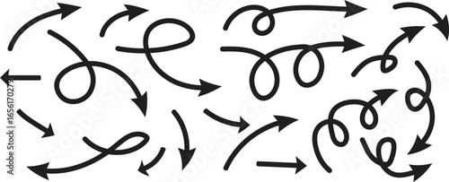 Set of hand drawn curved arrows in doodle sketch style for direction, flow, and highlight design. Creative vector arrow collection perfect for presentation, infographic, and notes. Editable outline 