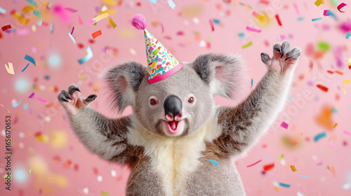 Joyful koala celebrating with colorful confetti and party hat