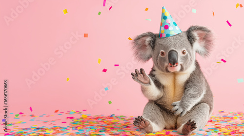 Adorable koala celebrating birthday with party hat and confetti on pink background