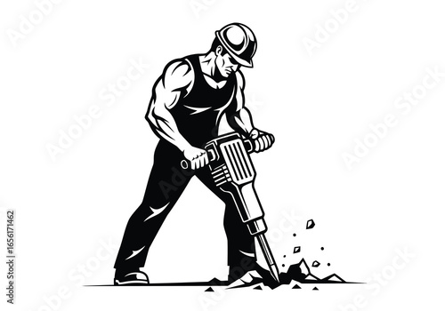 Construction worker with jackhammer in monochrome
