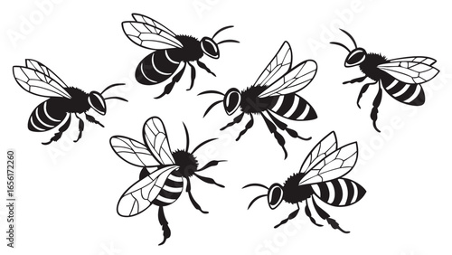 A swarm of stylized black and white honey bees flying in different directions on a white background