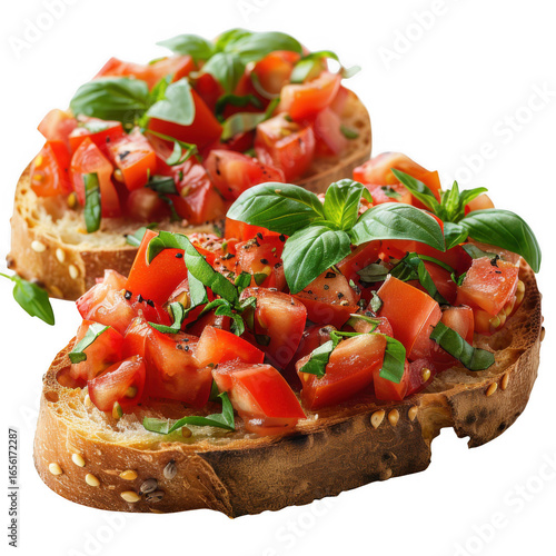 Italian bruschetta with tomato and basil, isolated white and transparent.